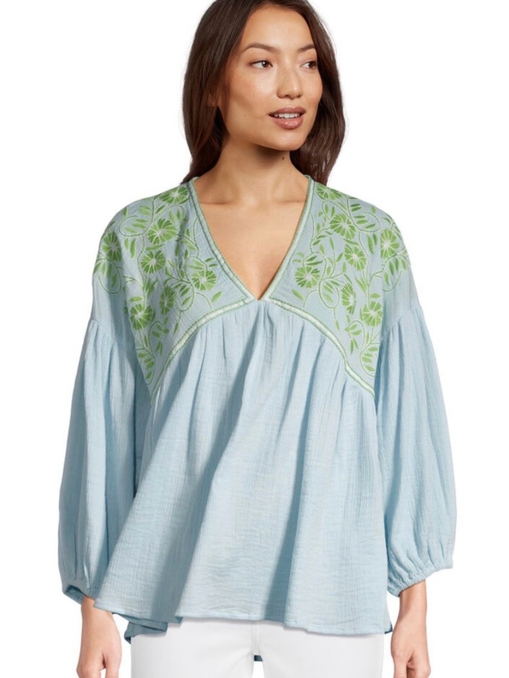 Cost Plus World Market Light Blue Peasant Tunic with Green Embroidery